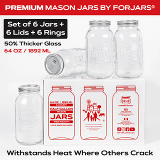 FORJARS Premium Mason Jars – 64 oz (6-Pack) | Wide Mouth Glass Canning Jars
