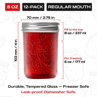 FORJARS Premium Mason Jars – 8 oz (12-Pack) | Regular Mouth Glass Canning Jars