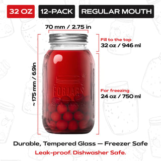 FORJARS Premium Mason Jars – 32 oz (12-Pack)