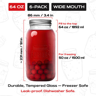 FORJARS Premium Mason Jars – 64 oz (6-Pack) | Wide Mouth Glass Canning Jars
